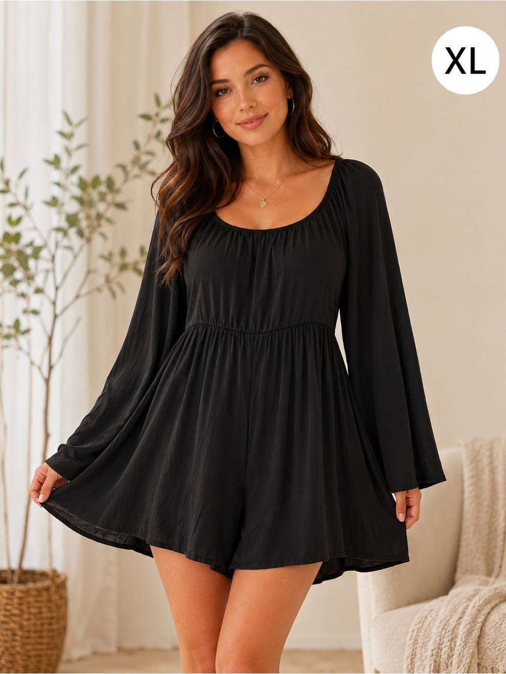 FOXBLOOD Black Long-Sleeve Smock Romper - Women's XL